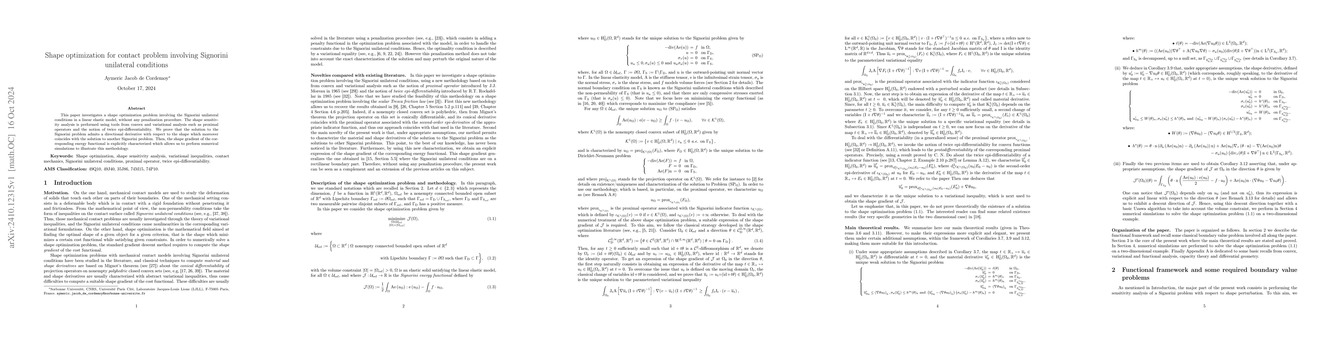 Thumbnail for Shape optimization for contact problem involving Signorini unilateral
  conditions
