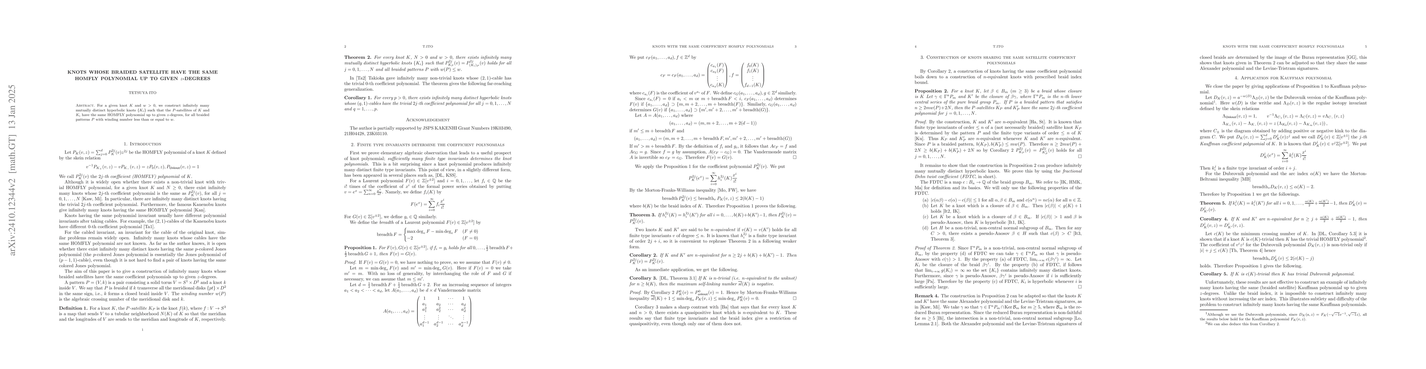 Thumbnail for Knots whose braided satellite have the same HOMFLY polynomial up to
  given $z$-degrees