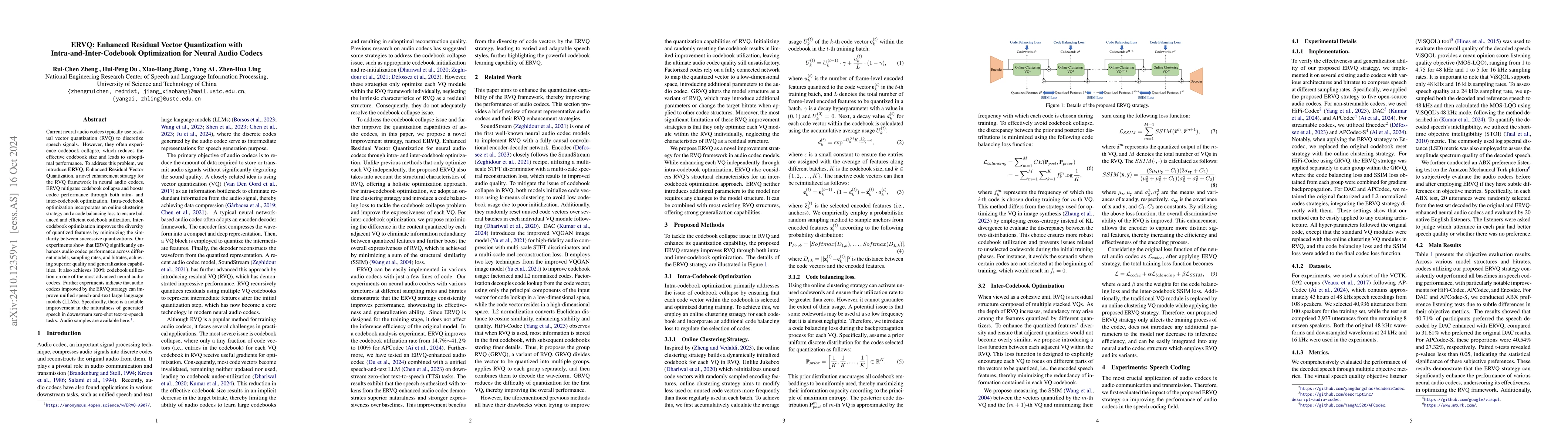Thumbnail for ERVQ: Enhanced Residual Vector Quantization with
  Intra-and-Inter-Codebook Optimization for Neural Audio Codecs