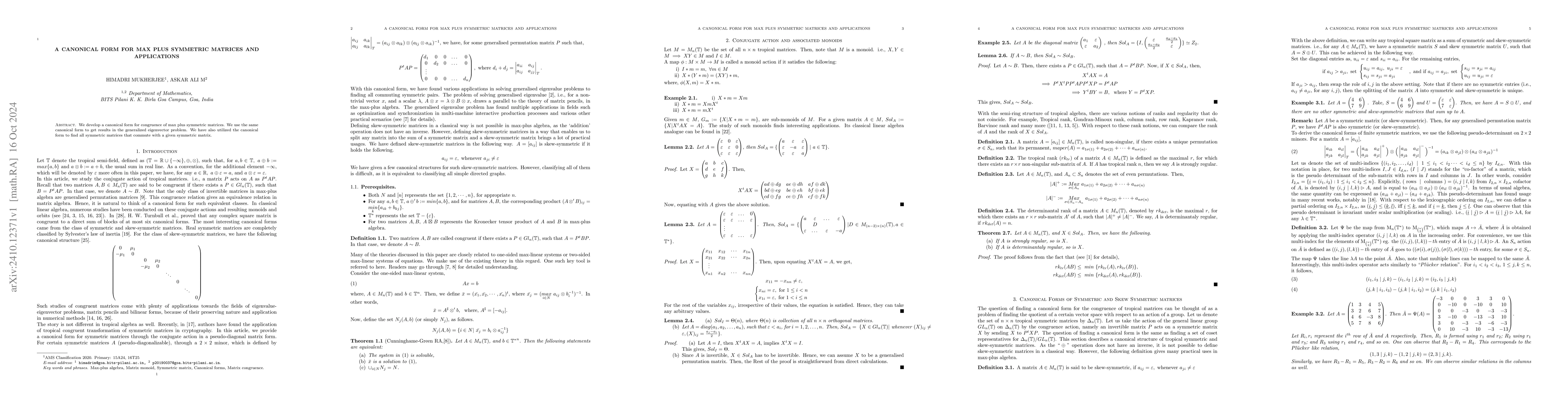 Thumbnail for A Canonical Form for Max Plus Symmetric Matrices and Applications
