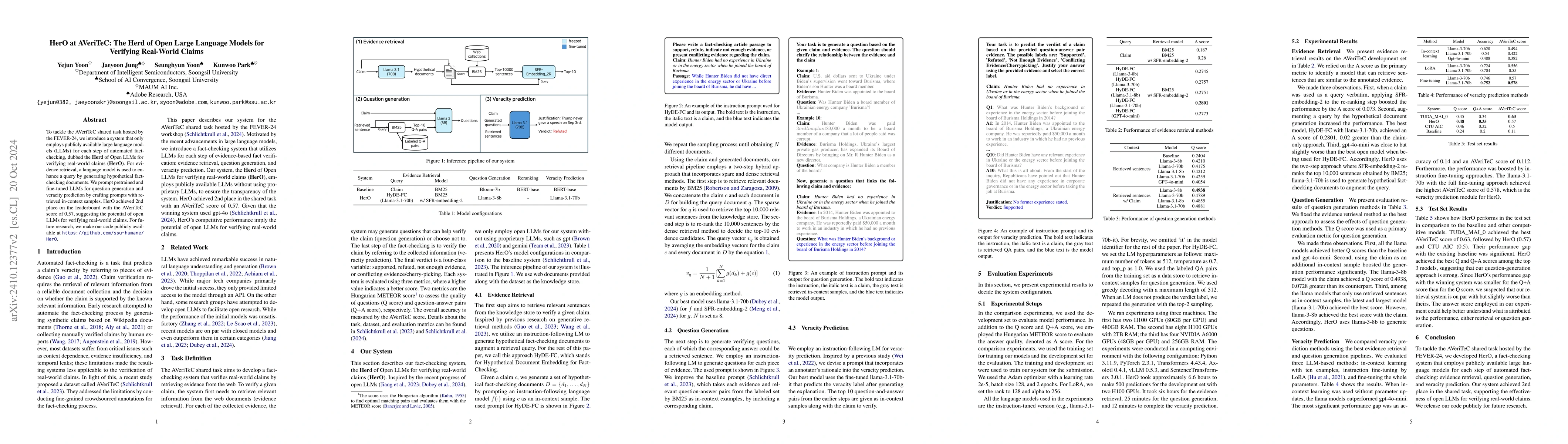 Thumbnail for HerO at AVeriTeC: The Herd of Open Large Language Models for Verifying
  Real-World Claims