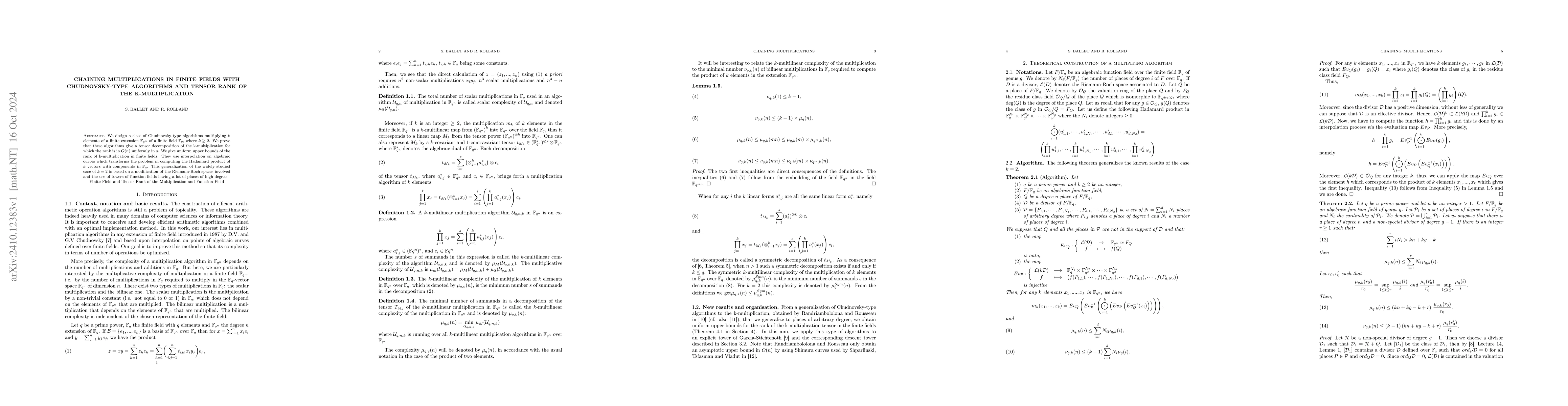 Thumbnail for Chaining Multiplications in Finite Fields with Chudnovsky-type
  Algorithms and Tensor Rank of the k-multiplication