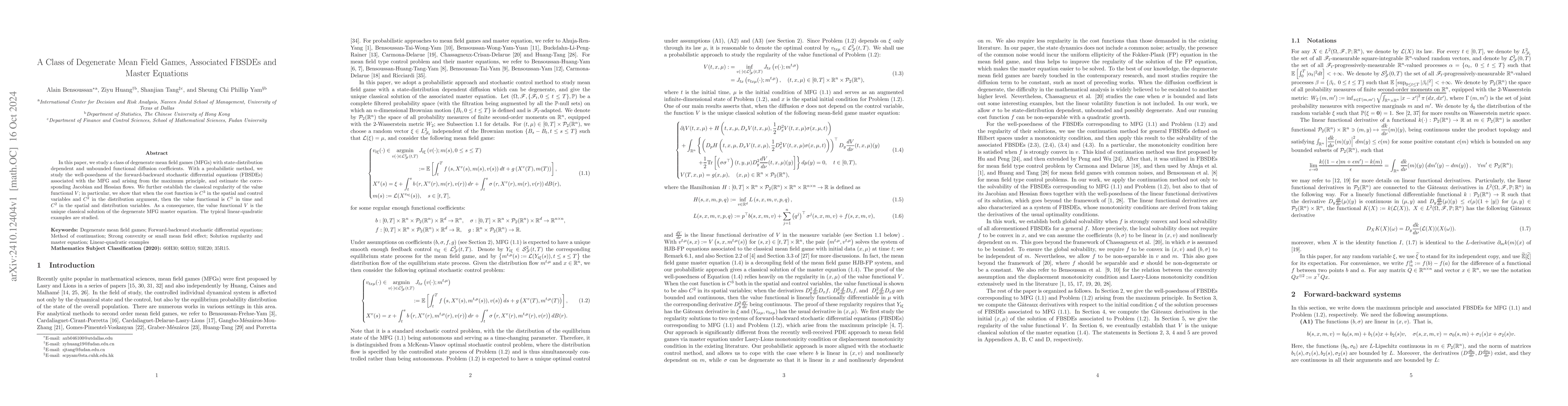 Thumbnail for A Class of Degenerate Mean Field Games, Associated FBSDEs and Master
  Equations