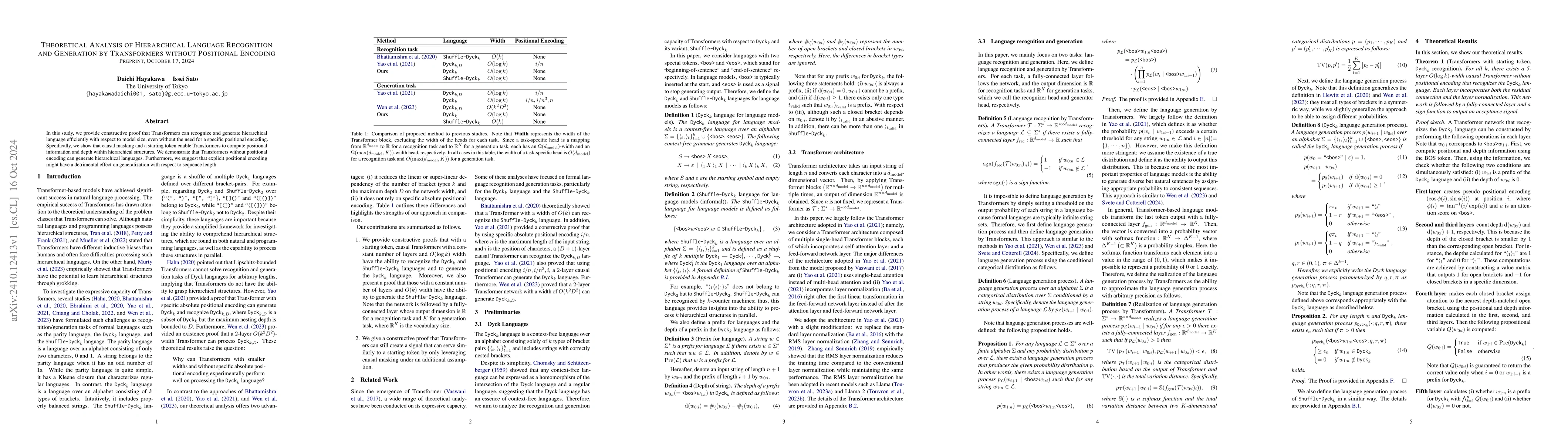 Thumbnail for Theoretical Analysis of Hierarchical Language Recognition and Generation
  by Transformers without Positional Encoding