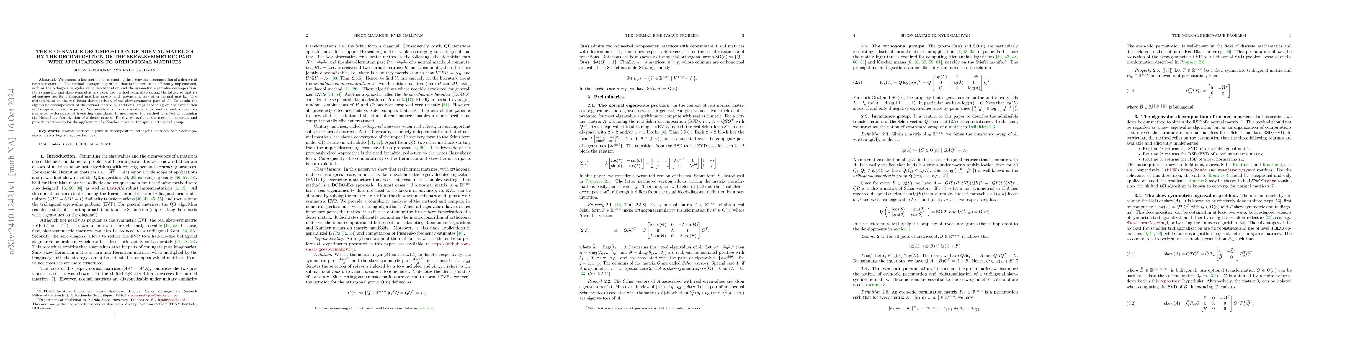 Thumbnail for The eigenvalue decomposition of normal matrices by the decomposition of
  the skew-symmetric part with applications to orthogonal matrices