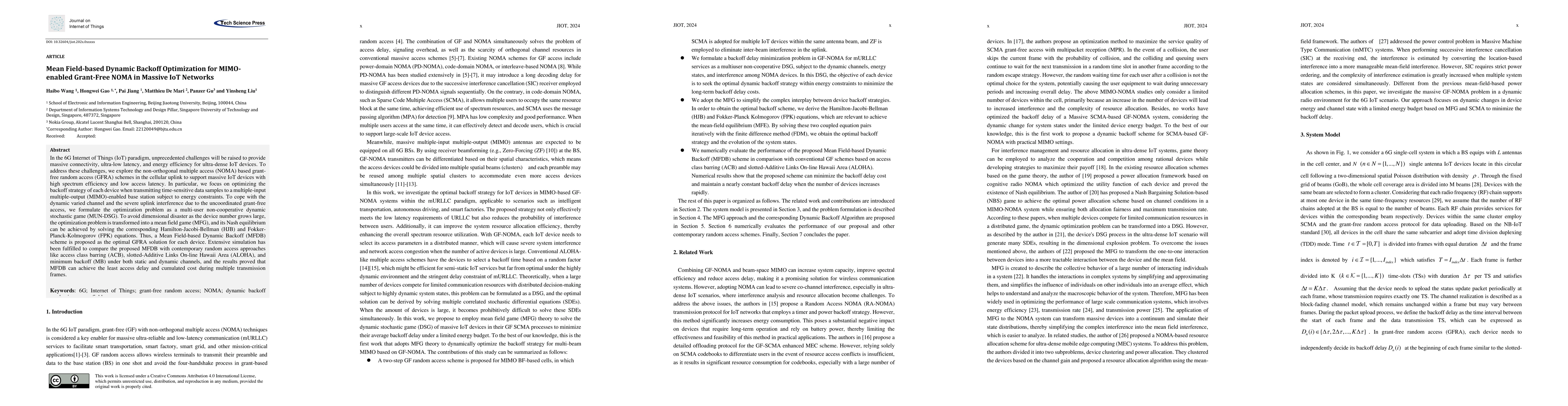 Thumbnail for Mean Field-based Dynamic Backoff Optimization for MIMO-enabled
  Grant-Free NOMA in Massive IoT Networks