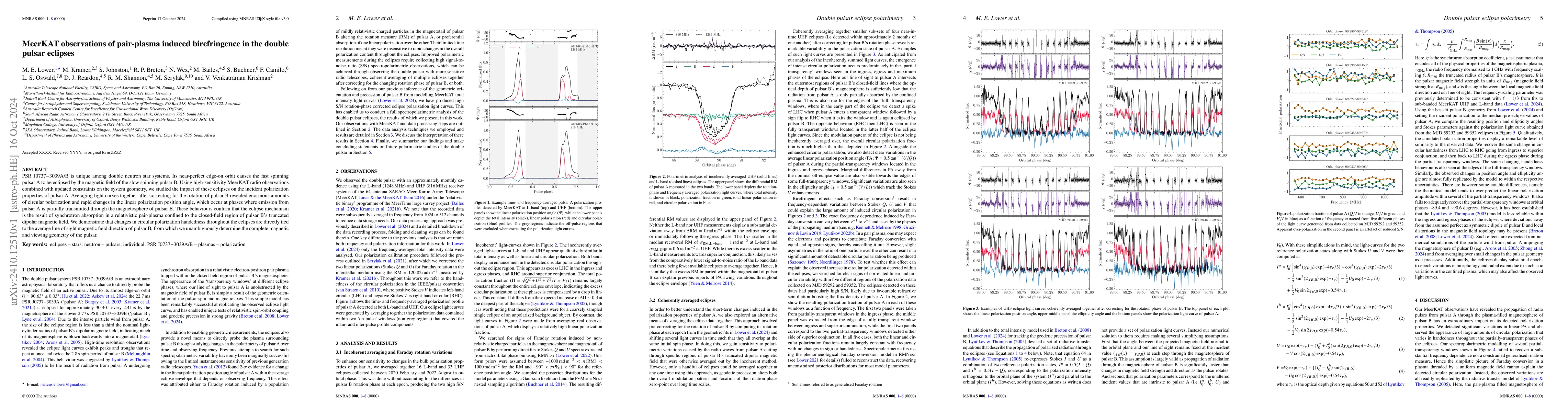 Thumbnail for MeerKAT observations of pair-plasma induced birefringence in the double
  pulsar eclipses