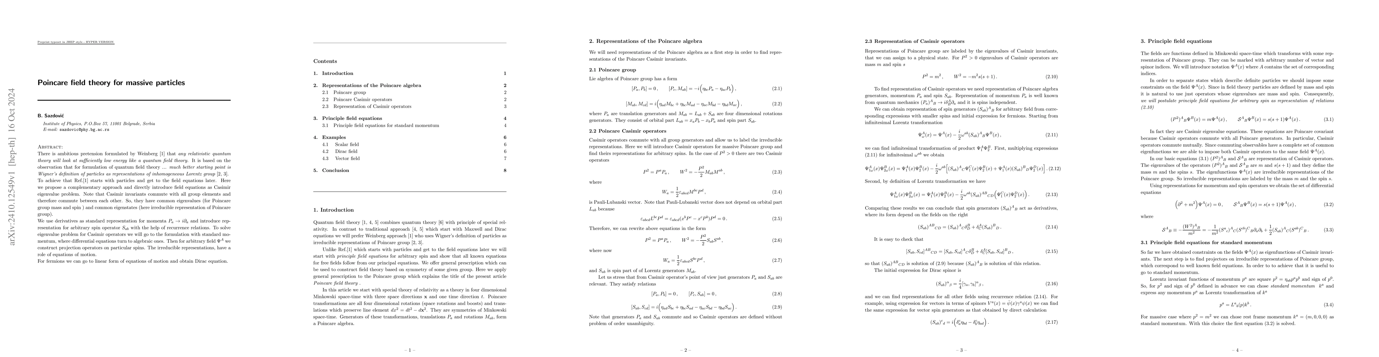 Thumbnail for Poincare field theory for massive particles