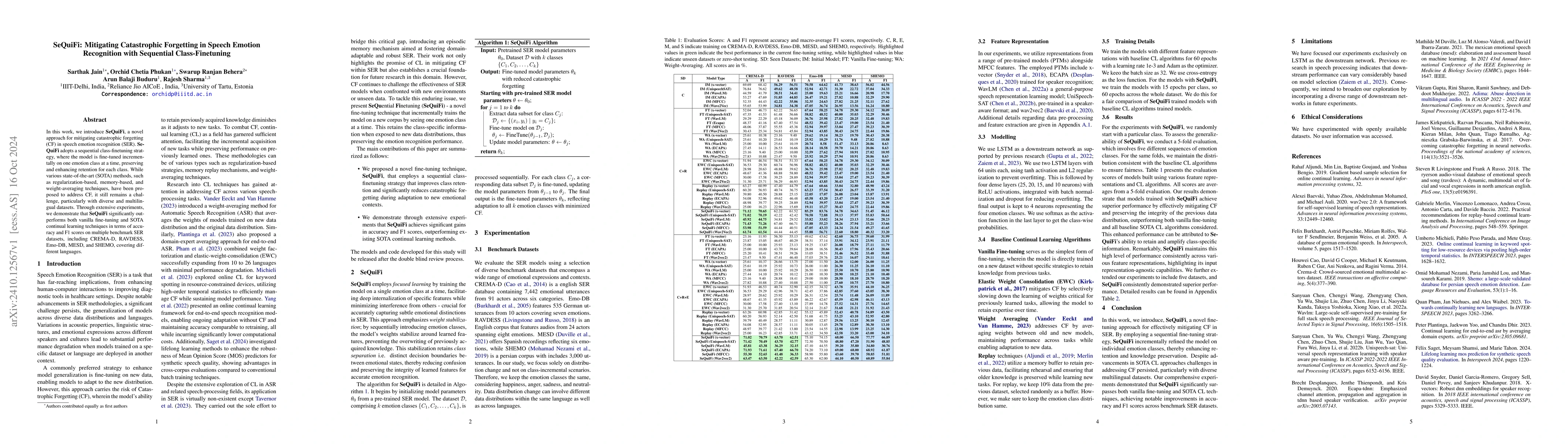 Thumbnail for SeQuiFi: Mitigating Catastrophic Forgetting in Speech Emotion
  Recognition with Sequential Class-Finetuning