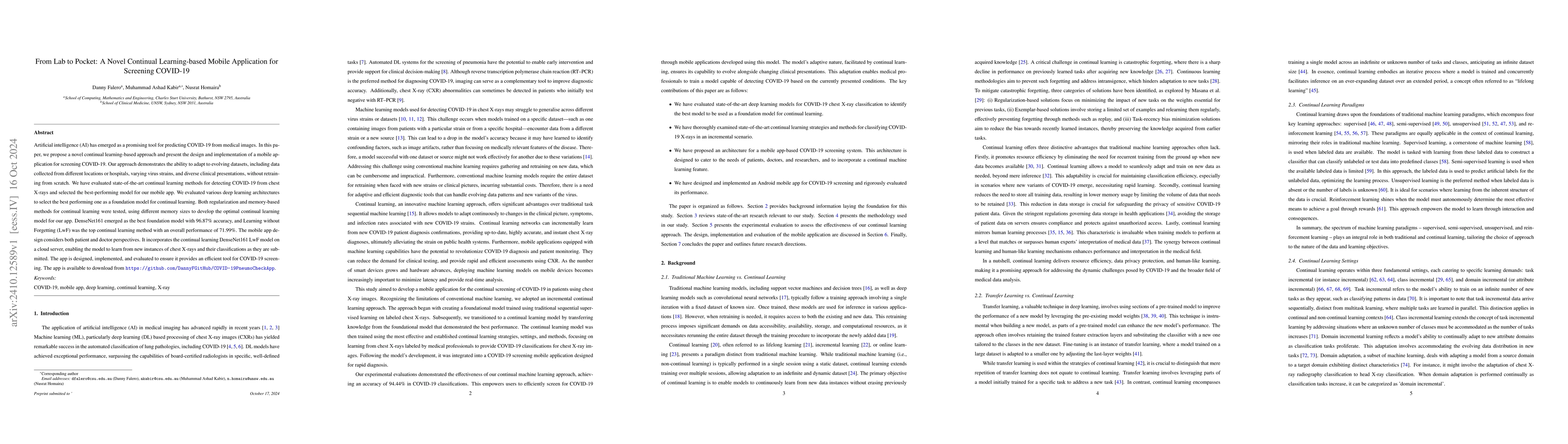 Thumbnail for From Lab to Pocket: A Novel Continual Learning-based Mobile Application
  for Screening COVID-19