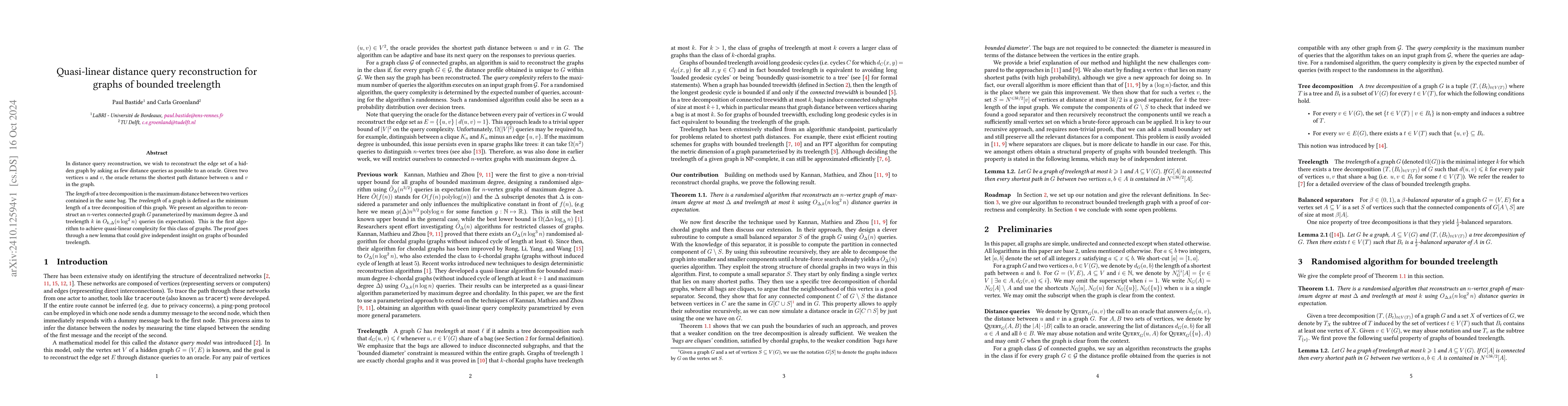 Thumbnail for Quasi-linear distance query reconstruction for graphs of bounded
  treelength