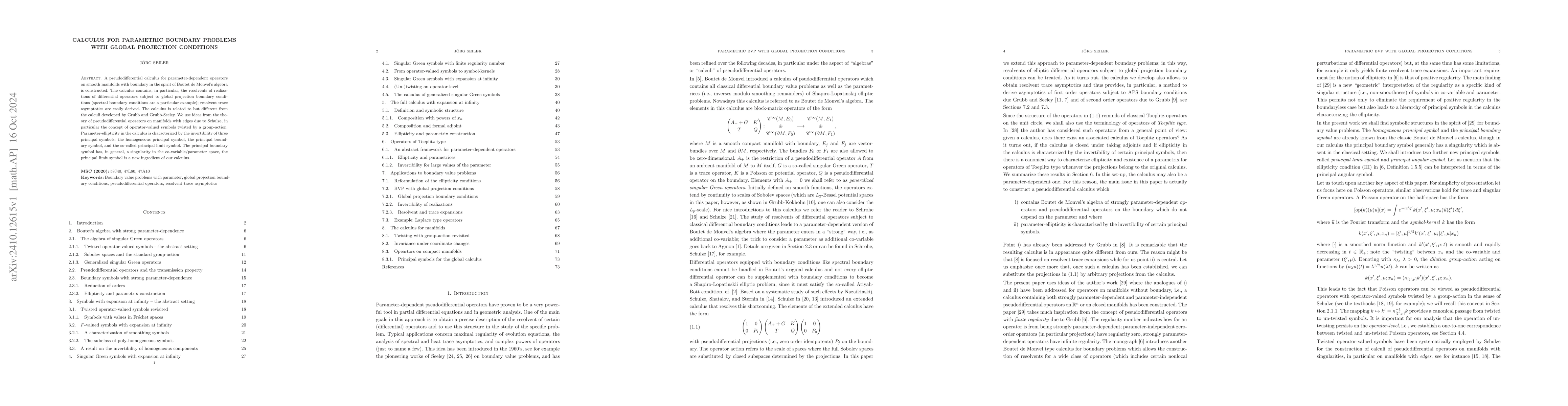 Thumbnail for Calculus for parametric boundary problems with global projection
  conditions