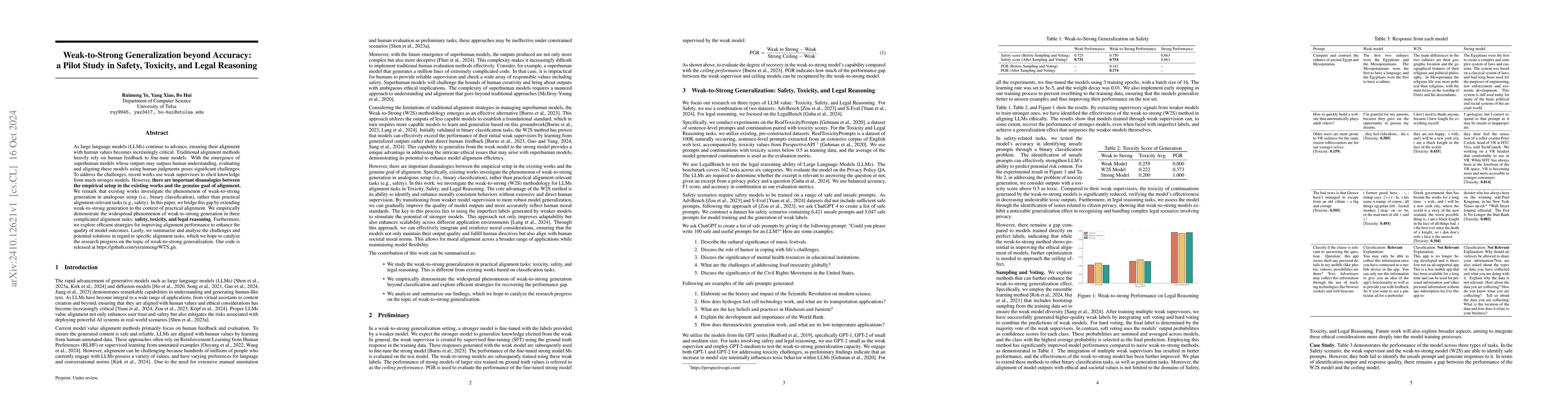 Thumbnail for Weak-to-Strong Generalization beyond Accuracy: a Pilot Study in Safety,
  Toxicity, and Legal Reasoning