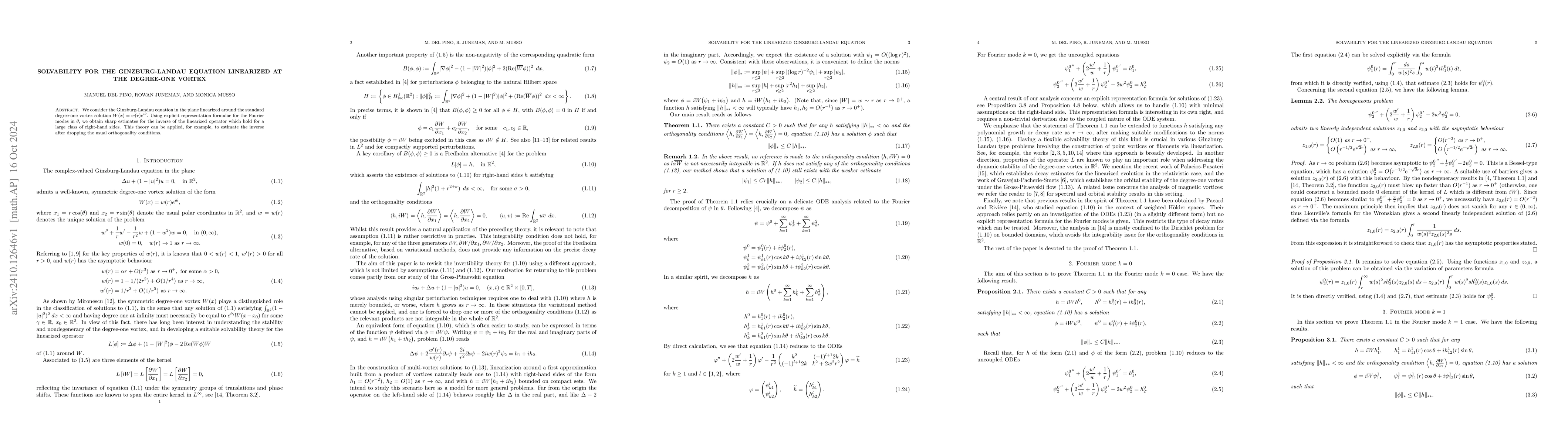 Thumbnail for Solvability for the Ginzburg-Landau equation linearized at the
  degree-one vortex