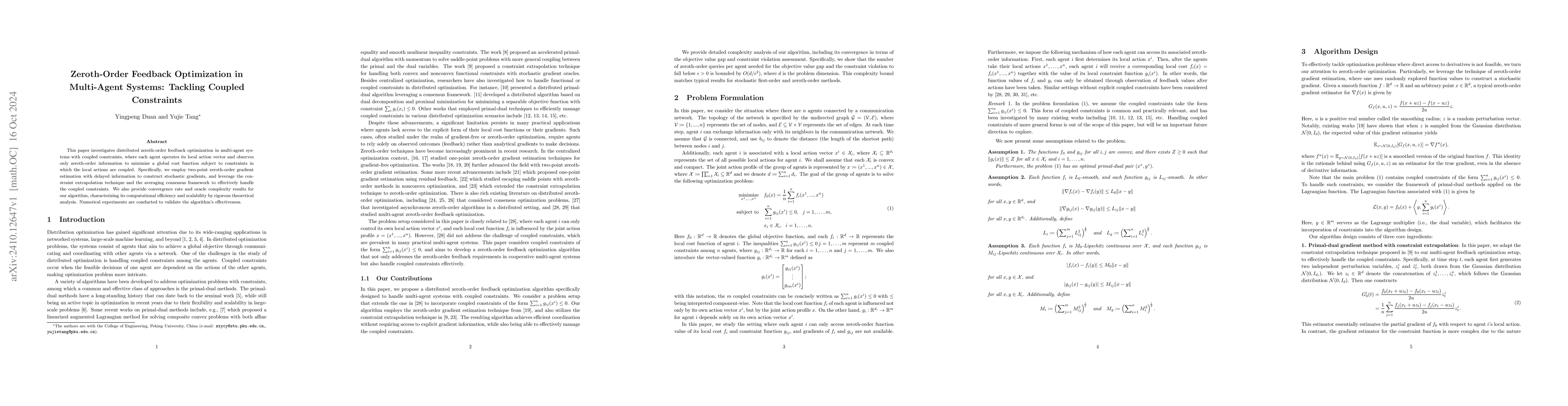 Thumbnail for Zeroth-Order Feedback Optimization in Multi-Agent Systems: Tackling
  Coupled Constraints