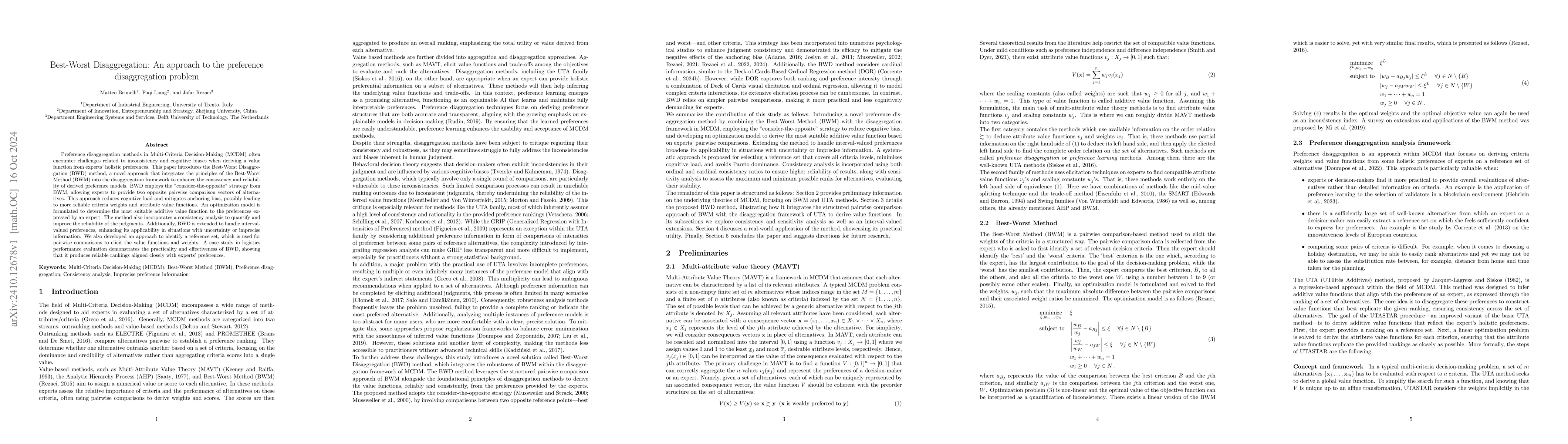 Thumbnail for Best-Worst Disaggregation: An approach to the preference disaggregation
  problem