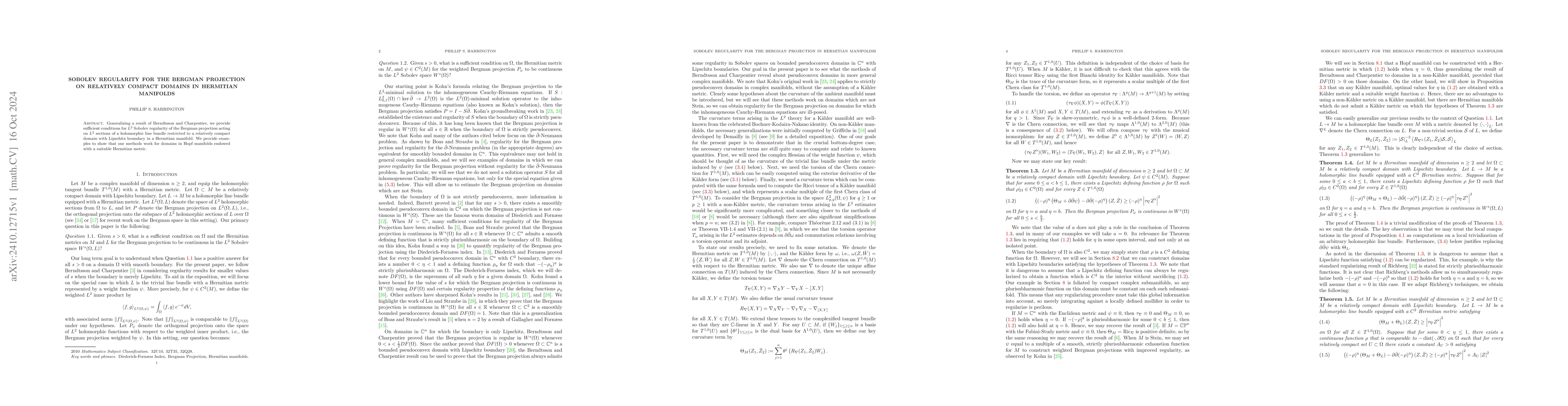 Thumbnail for Sobolev Regularity for the Bergman Projection on Relatively Compact
  Domains in Hermitian manifolds