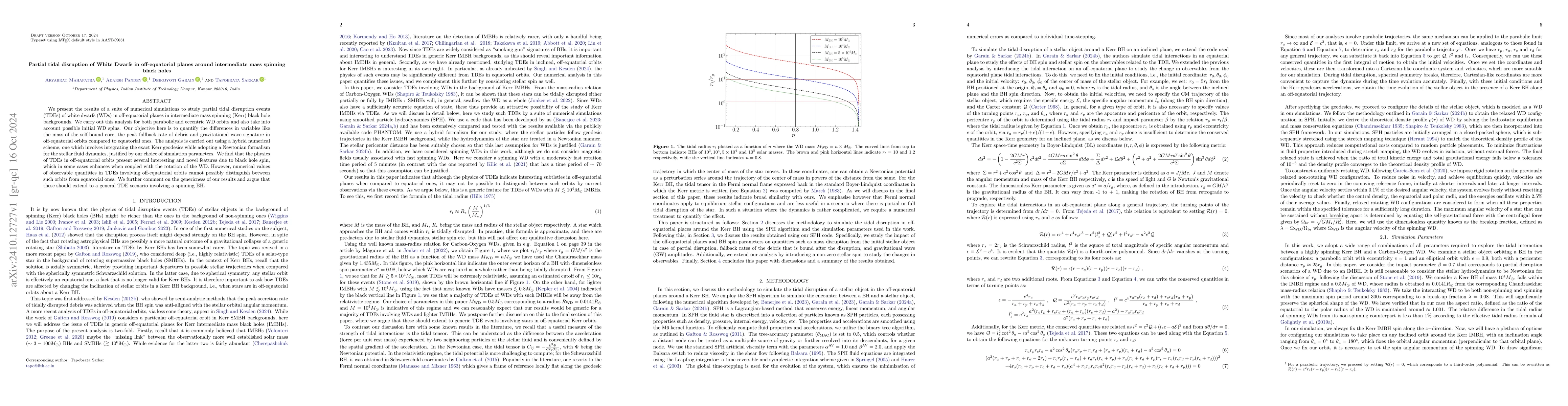 Thumbnail for Partial tidal disruption of White Dwarfs in off-equatorial planes around
  intermediate mass spinning black holes