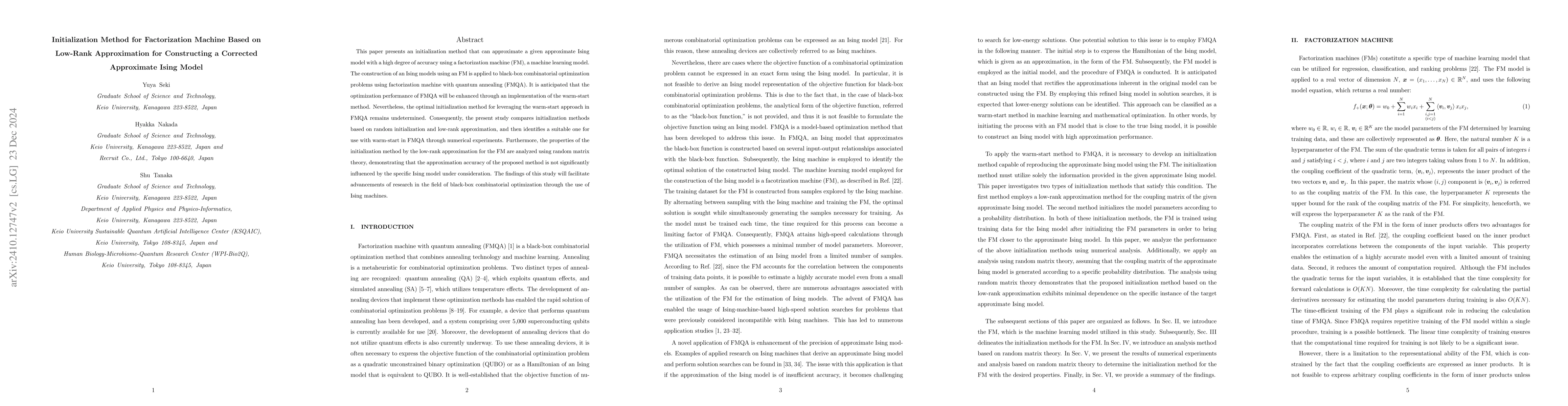 Thumbnail for Initialization Method for Factorization Machine Based on Low-Rank
  Approximation for Constructing a Corrected Approximate Ising Model