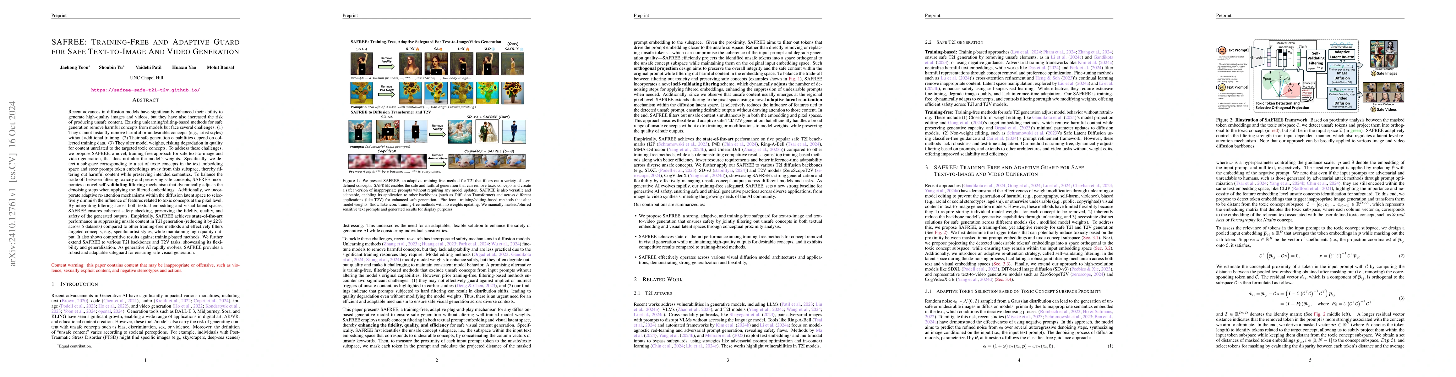 Thumbnail for SAFREE: Training-Free and Adaptive Guard for Safe Text-to-Image And
  Video Generation