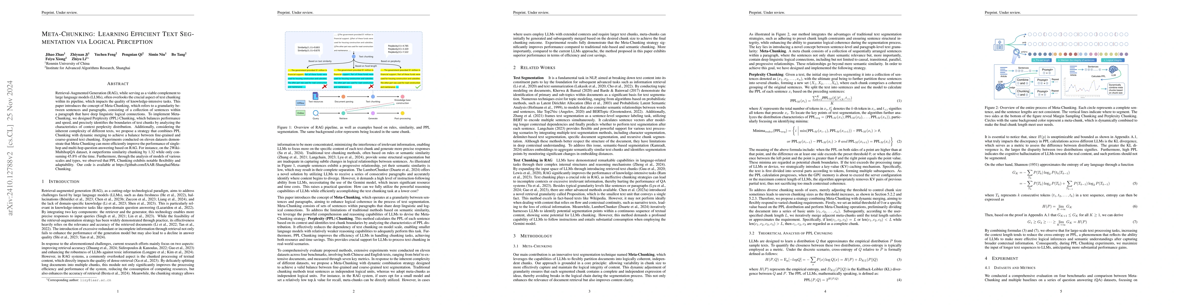 Thumbnail for Meta-Chunking: Learning Efficient Text Segmentation via Logical
  Perception