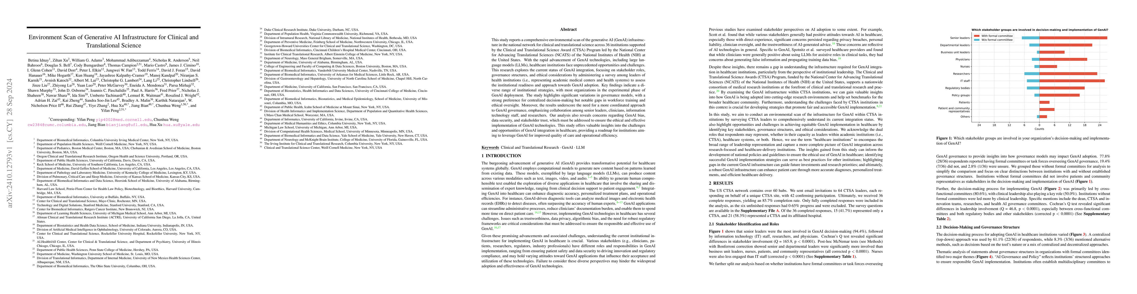 Thumbnail for Environment Scan of Generative AI Infrastructure for Clinical and
  Translational Science