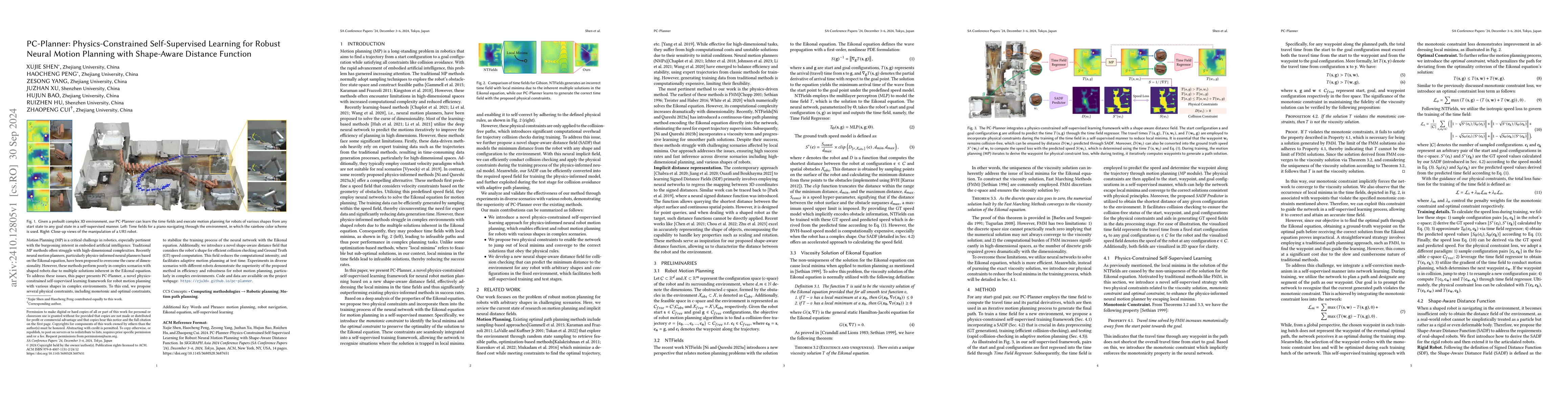 Thumbnail for PC-Planner: Physics-Constrained Self-Supervised Learning for Robust
  Neural Motion Planning with Shape-Aware Distance Function