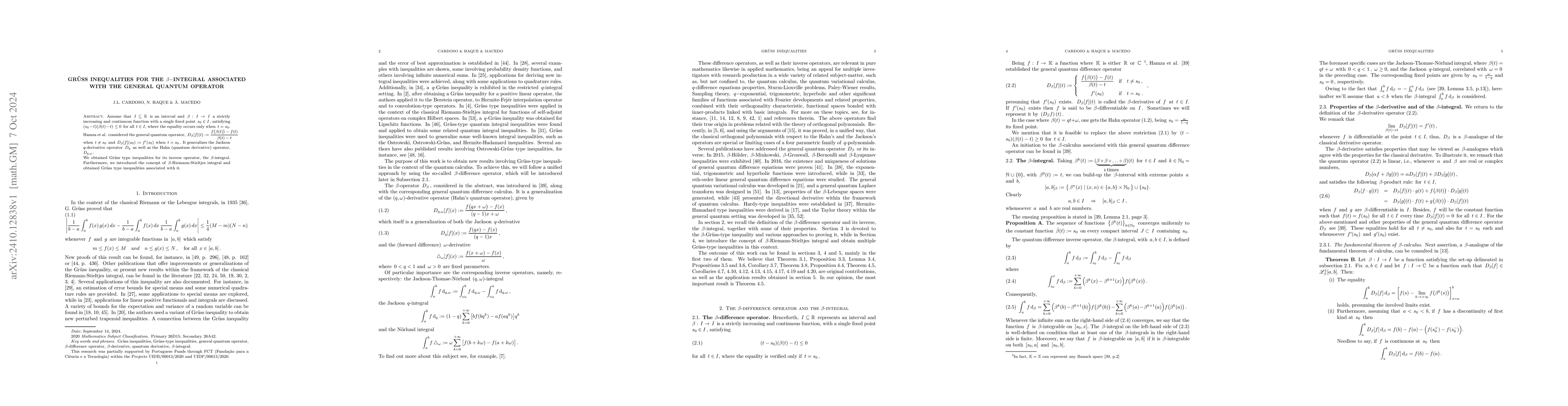 Thumbnail for Grüss inequalities for the $β-$integral associated with the
  general quantum operator