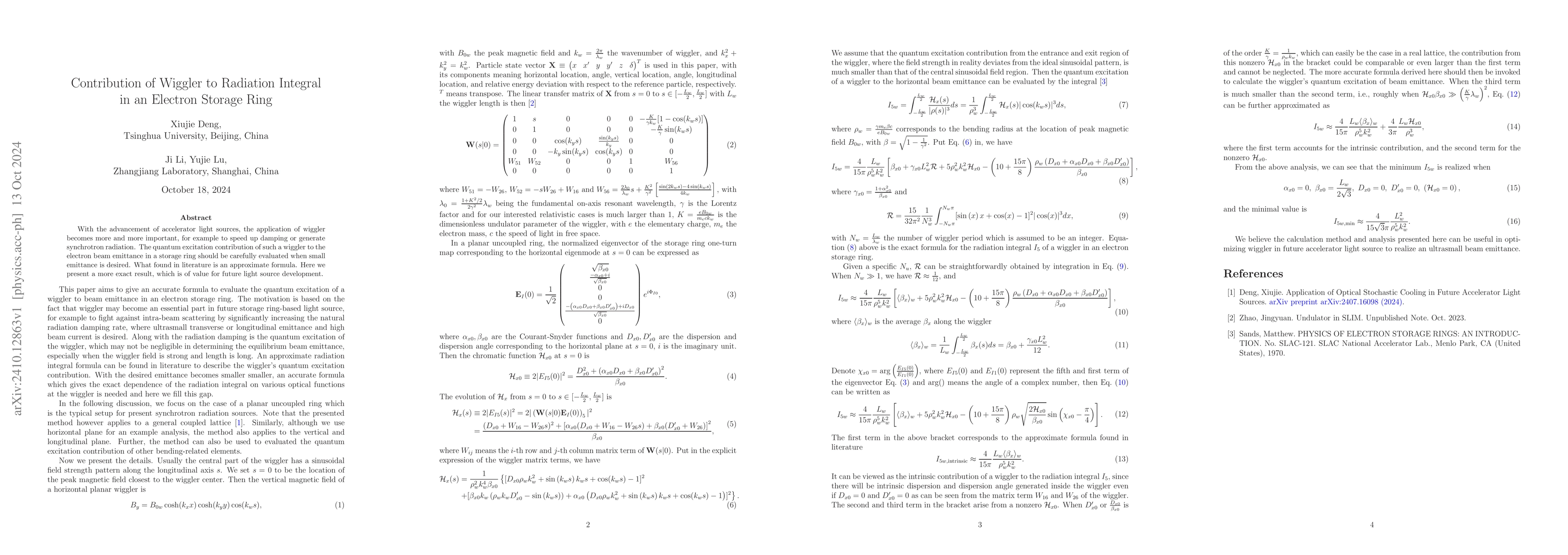 Thumbnail for Contribution of Wiggler to Radiation Integral in an Electron Storage
  Ring