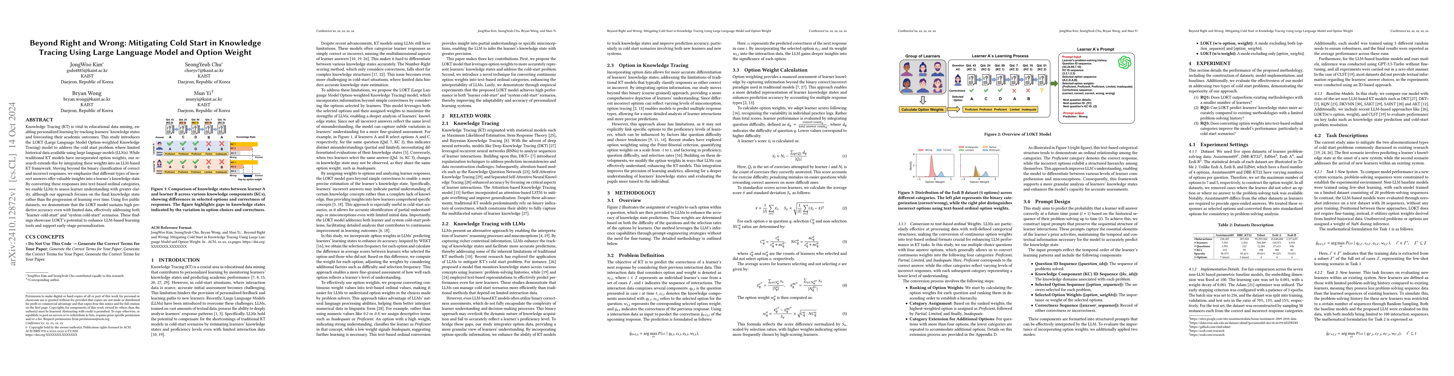 Thumbnail for Beyond Right and Wrong: Mitigating Cold Start in Knowledge Tracing Using
  Large Language Model and Option Weight
