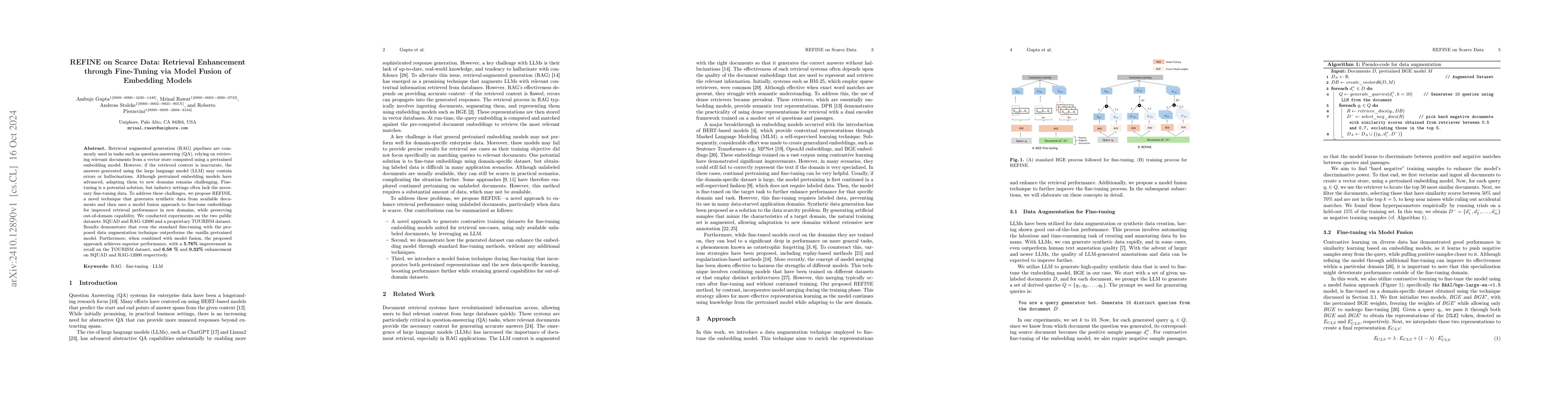 Thumbnail for REFINE on Scarce Data: Retrieval Enhancement through Fine-Tuning via
  Model Fusion of Embedding Models