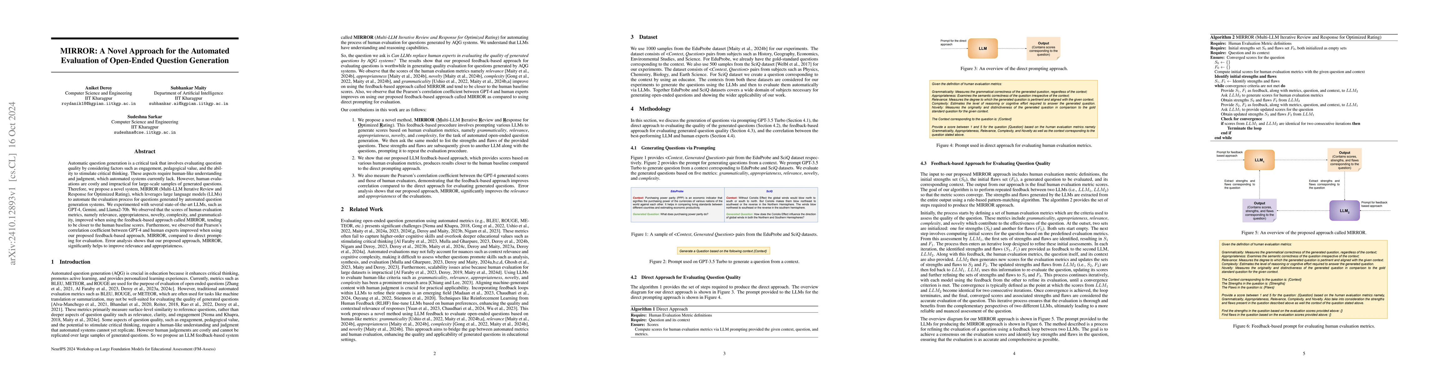 Thumbnail for MIRROR: A Novel Approach for the Automated Evaluation of Open-Ended
  Question Generation