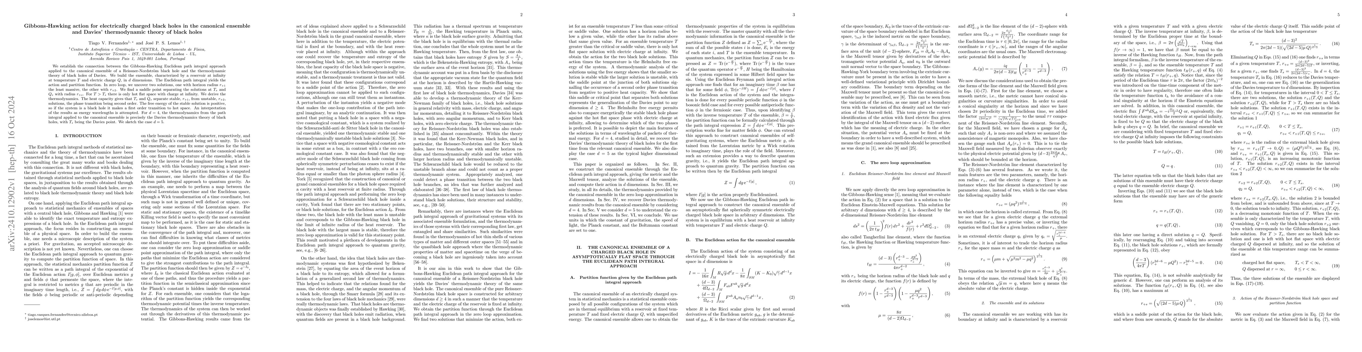 Thumbnail for Gibbons-Hawking action for electrically charged black holes in the
  canonical ensemble and Davies' thermodynamic theory of black holes