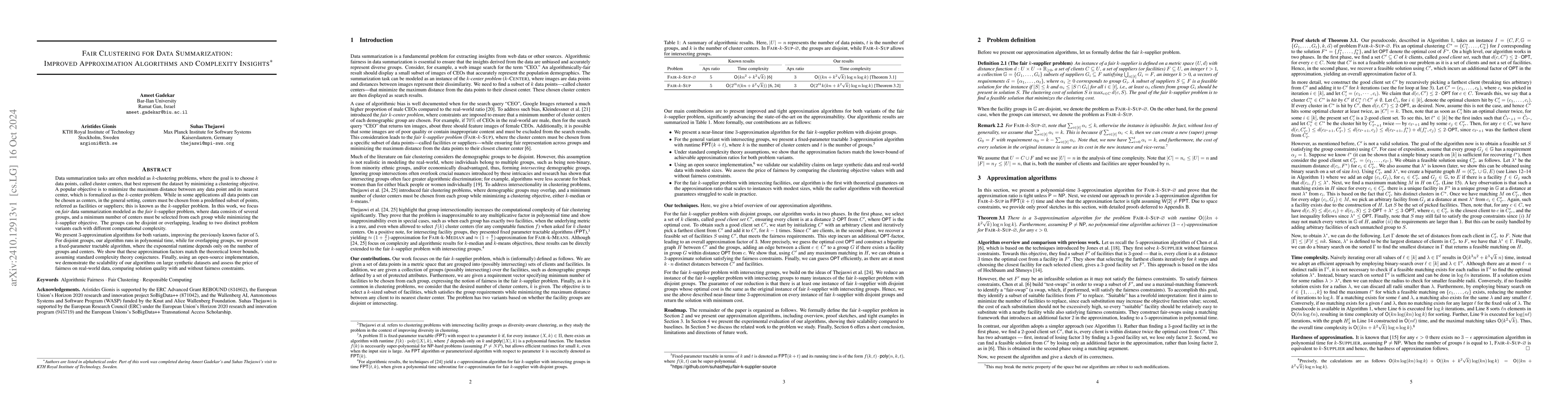 Thumbnail for Fair Clustering for Data Summarization: Improved Approximation
  Algorithms and Complexity Insights