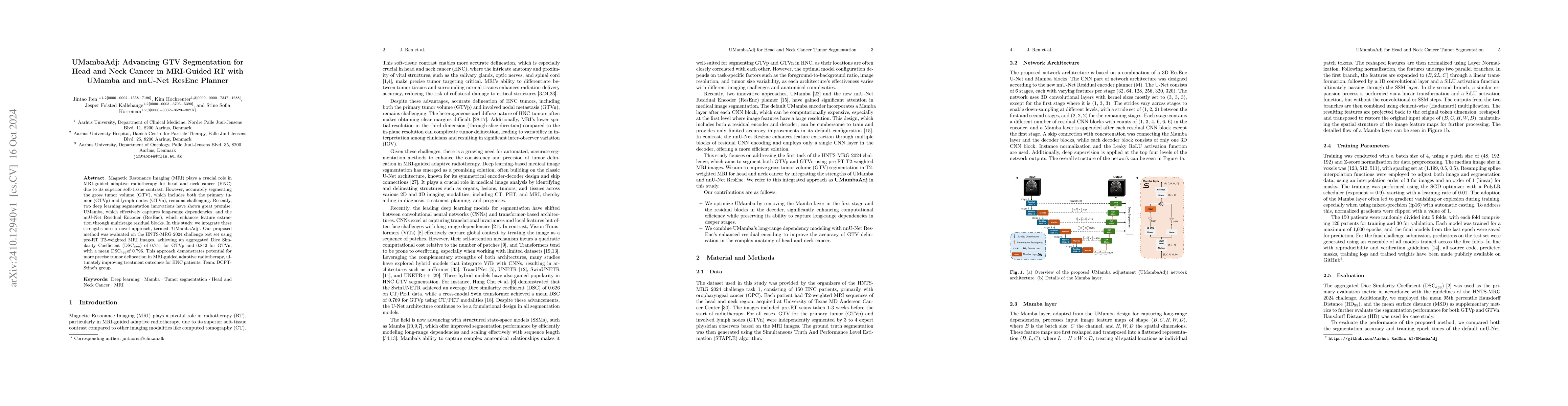 Thumbnail for UMambaAdj: Advancing GTV Segmentation for Head and Neck Cancer in
  MRI-Guided RT with UMamba and nnU-Net ResEnc Planner