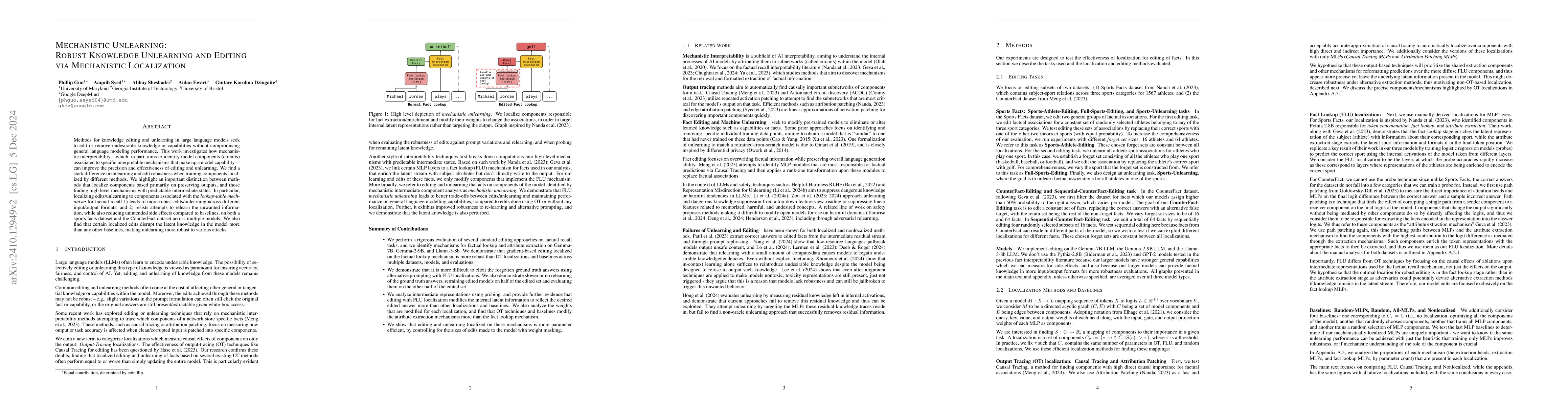 Thumbnail for Mechanistic Unlearning: Robust Knowledge Unlearning and Editing via
  Mechanistic Localization