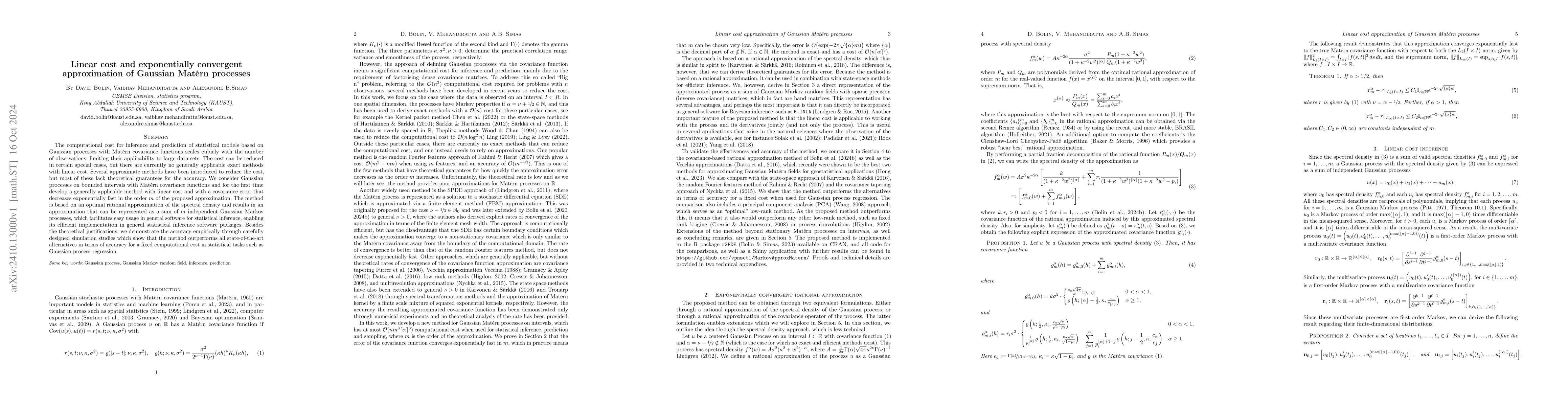 Thumbnail for Linear cost and exponentially convergent approximation of Gaussian
  Matérn processes