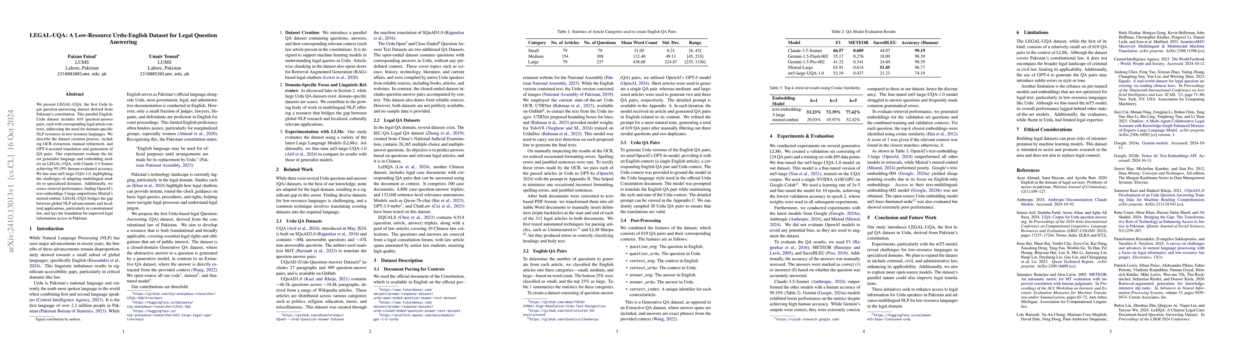 Thumbnail for LEGAL-UQA: A Low-Resource Urdu-English Dataset for Legal Question
  Answering