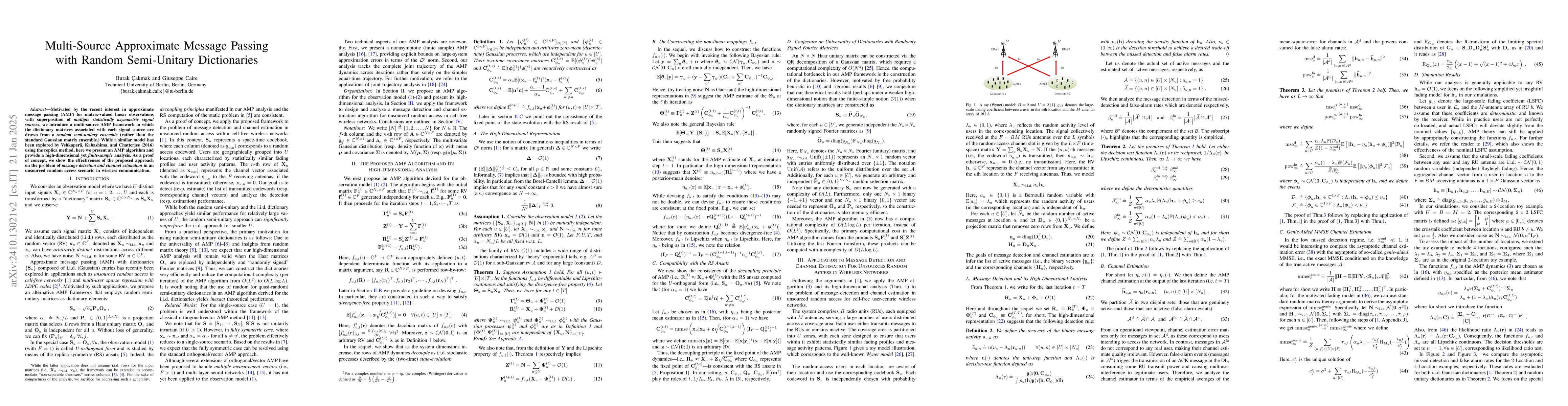 Thumbnail for Multi-Source Approximate Message Passing: Random Semi-Unitary
  Dictionaries