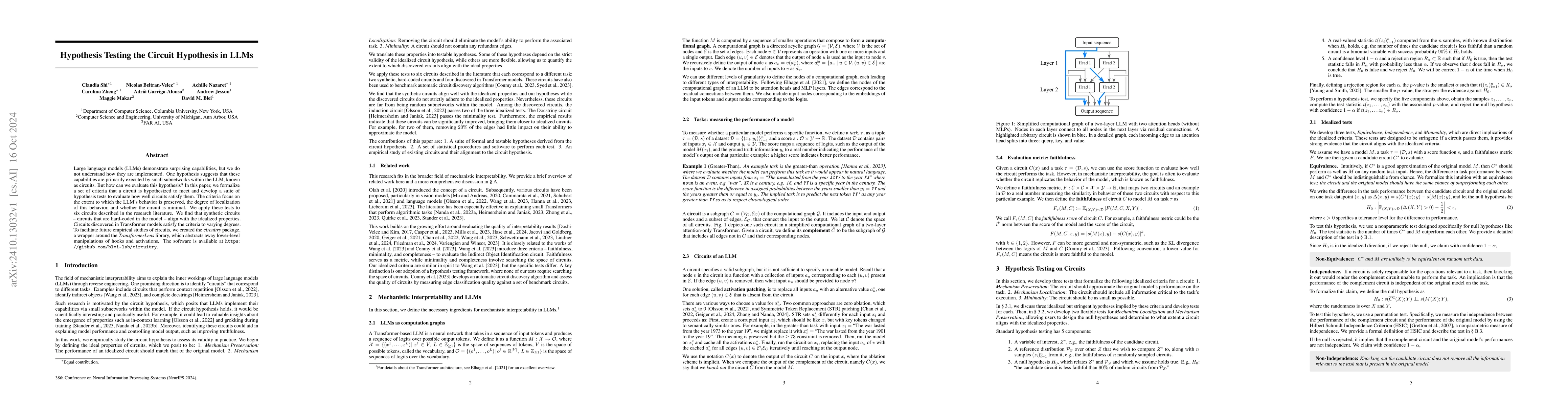 Thumbnail for Hypothesis Testing the Circuit Hypothesis in LLMs