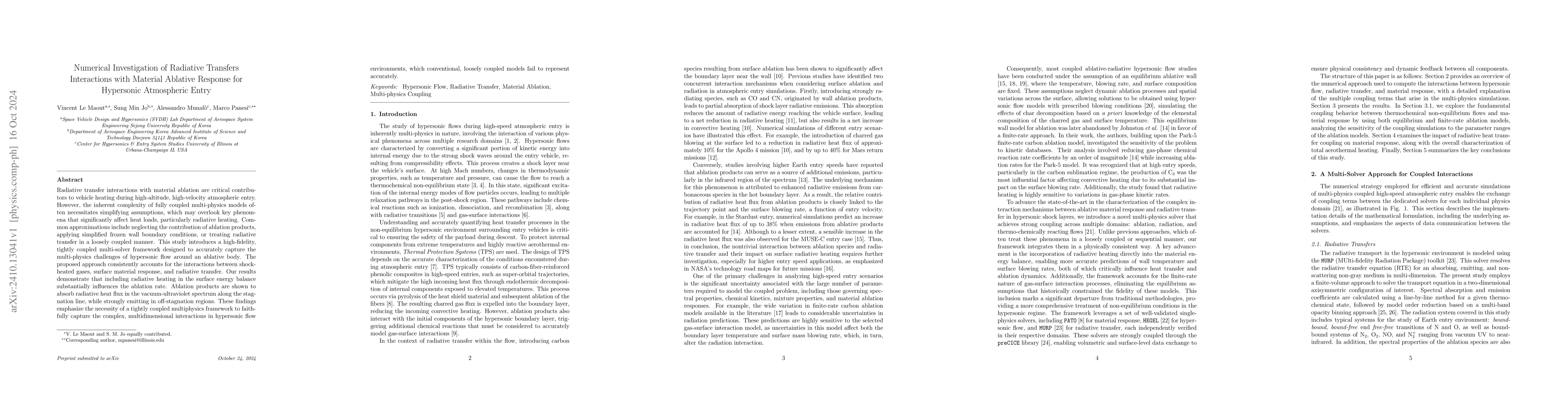 Thumbnail for Numerical Investigation of Radiative Transfers Interactions with
  Material Ablative Response for Hypersonic Atmospheric Entry