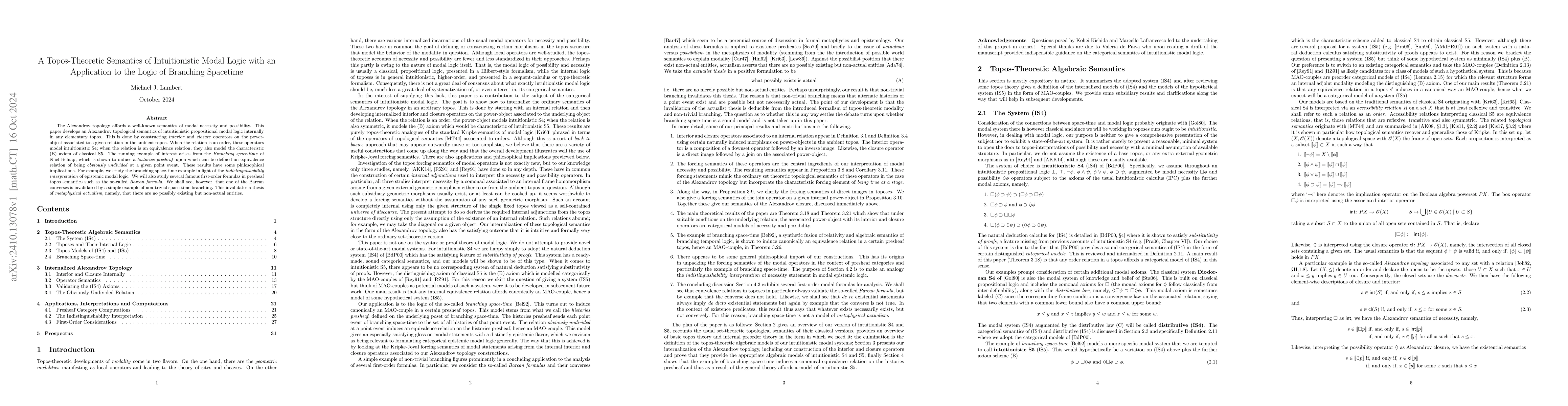 Thumbnail for A Topos-Theoretic Semantics of Intuitionistic Modal Logic with an
  Application to the Logic of Branching Spacetime