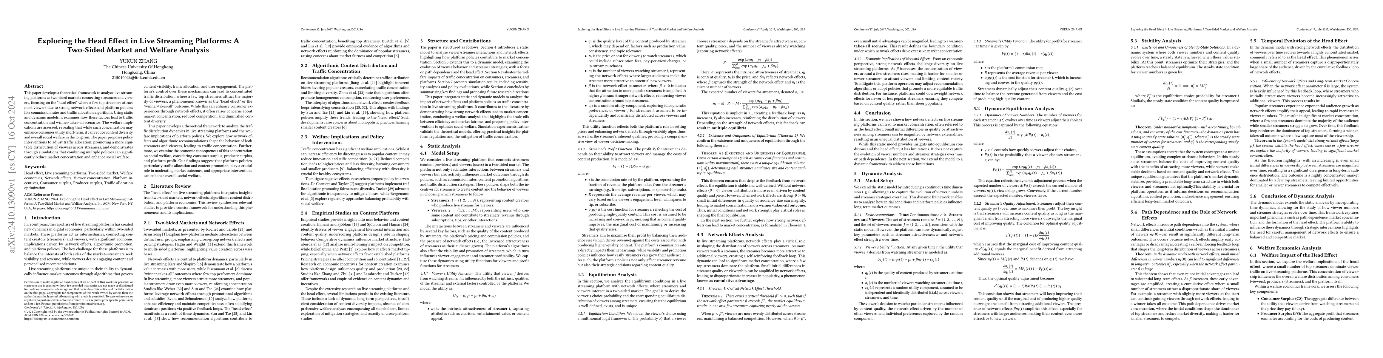 Thumbnail for Exploring the Head Effect in Live Streaming Platforms: A Two-Sided
  Market and Welfare Analysis