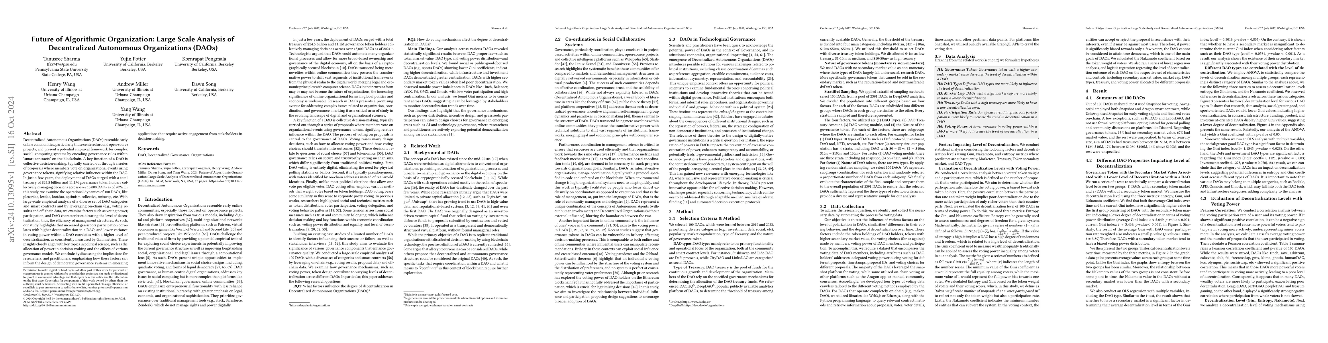 Thumbnail for Future of Algorithmic Organization: Large-Scale Analysis of
  Decentralized Autonomous Organizations (DAOs)