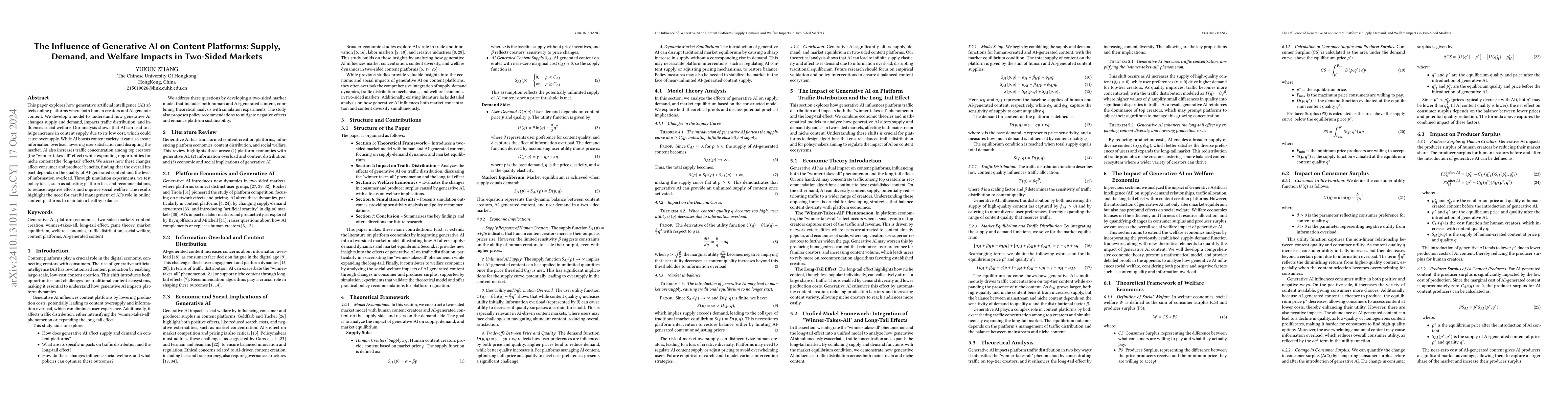 Thumbnail for The Influence of Generative AI on Content Platforms: Supply, Demand, and
  Welfare Impacts in Two-Sided Markets