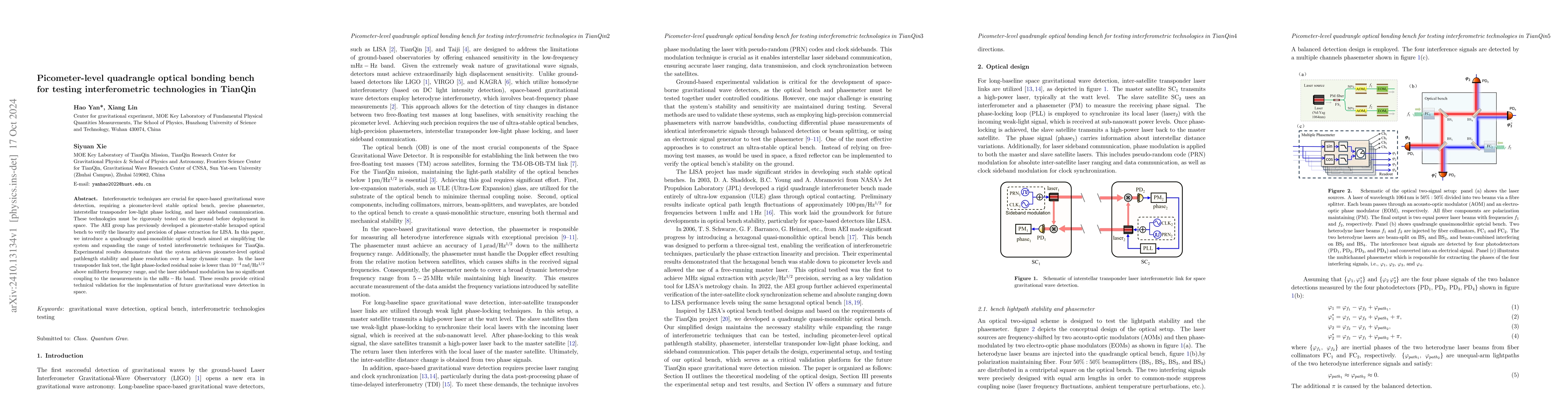 Thumbnail for Picometer-level quadrangle optical bonding bench for testing
  interferometric technologies in TianQin