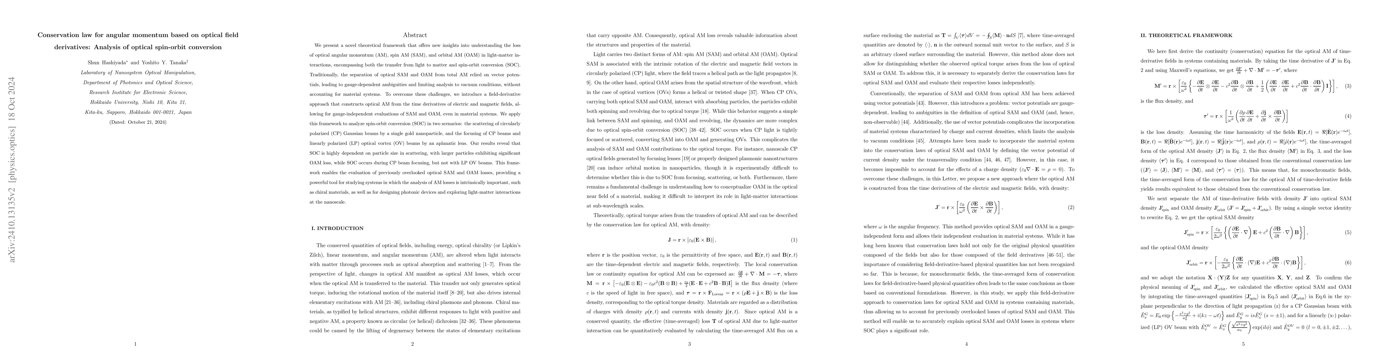 Thumbnail for Conservation law for angular momentum based on optical field
  derivatives: Analysis of optical spin-orbit conversion