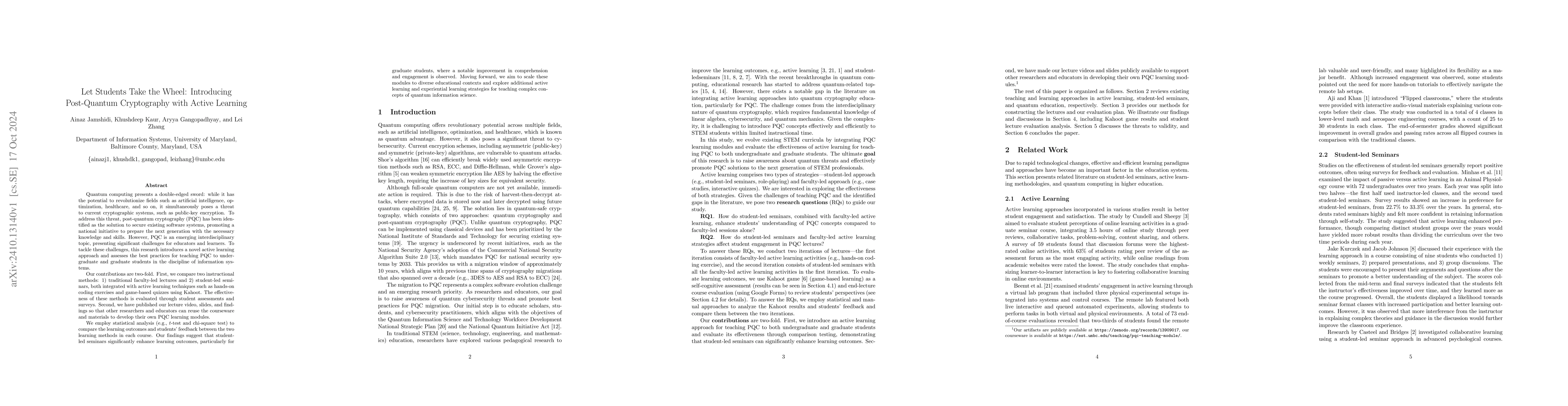 Thumbnail for Let Students Take the Wheel: Introducing Post-Quantum Cryptography with
  Active Learning