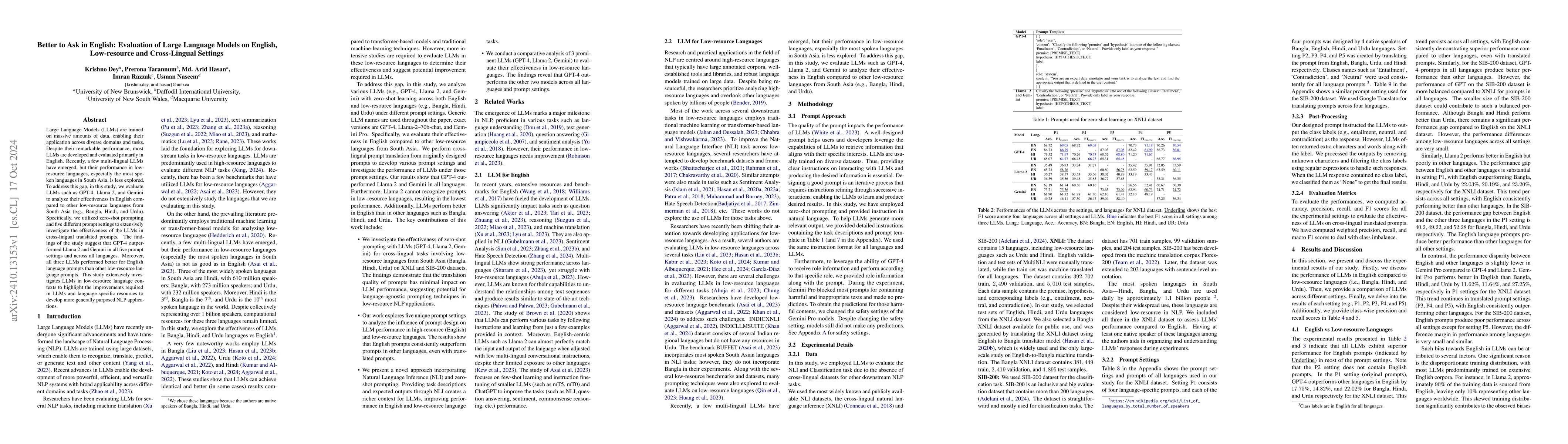 Thumbnail for Better to Ask in English: Evaluation of Large Language Models on
  English, Low-resource and Cross-Lingual Settings
