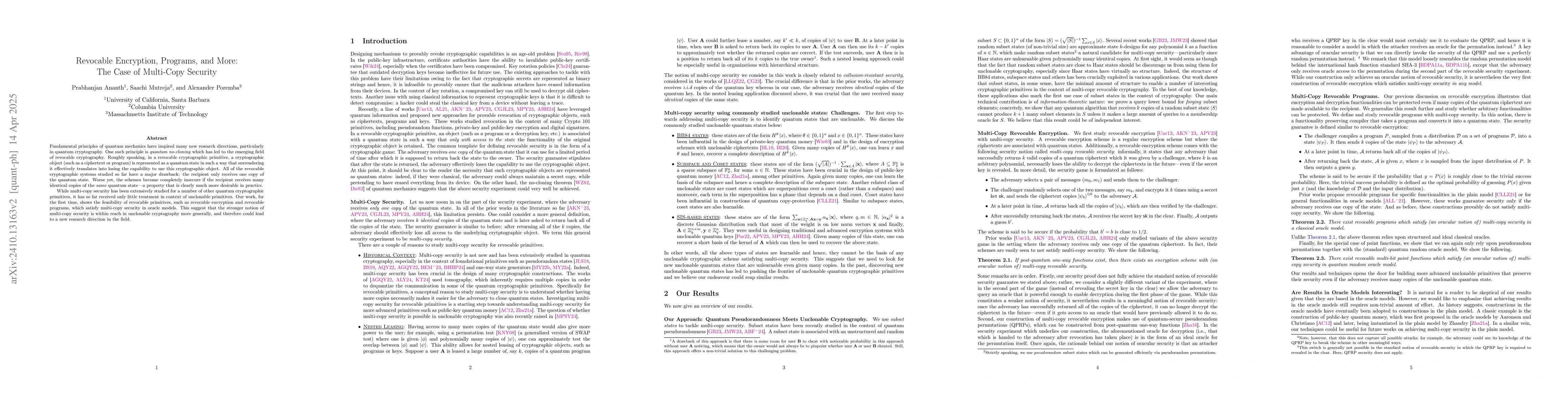 Thumbnail for Revocable Encryption, Programs, and More: The Case of Multi-Copy
  Security